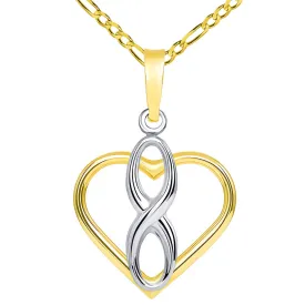 14k Two Tone Gold Vertical Infinity Sign in Open Heart Pendant with Figaro Necklace