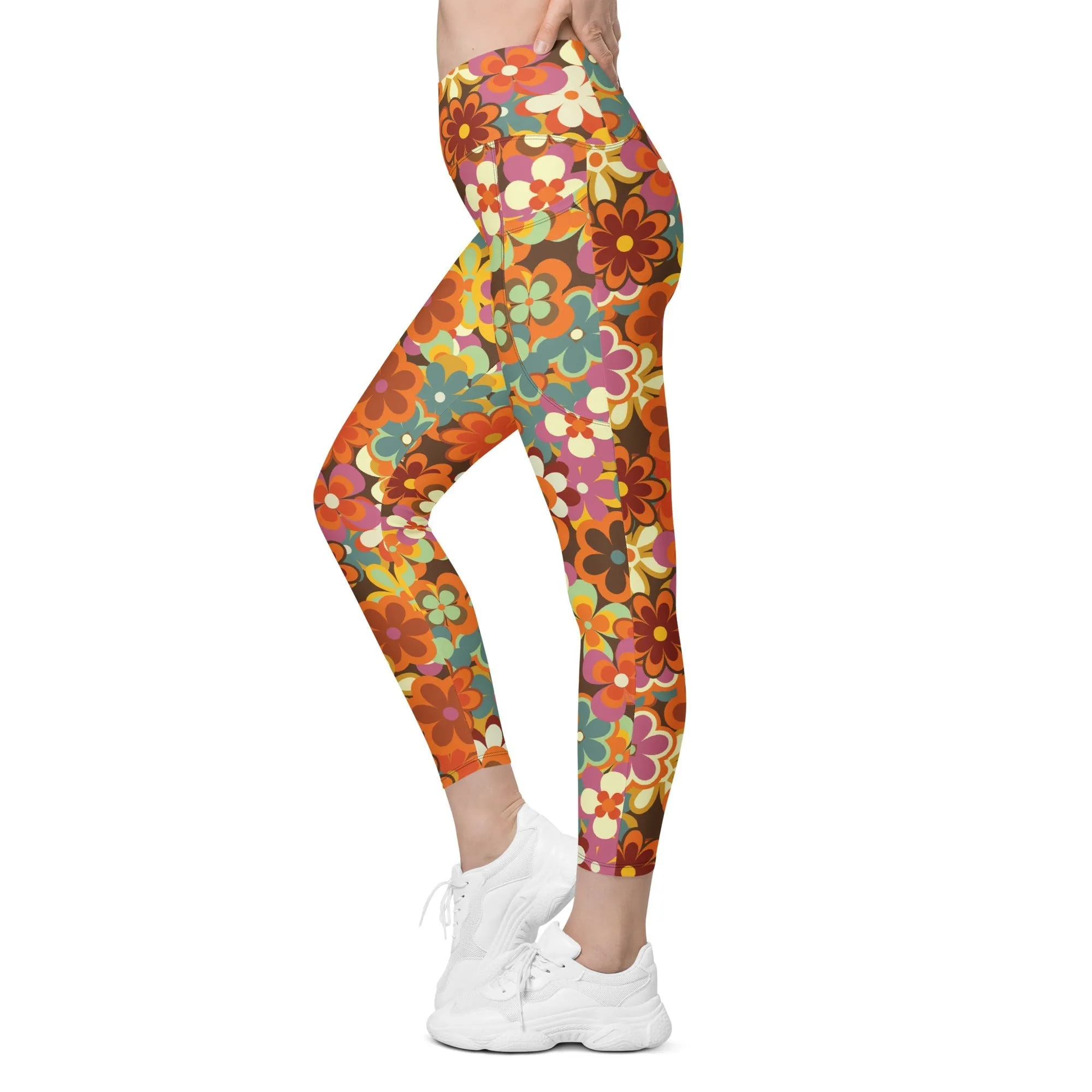 70s Flower Pattern Crossover Leggings With Pockets