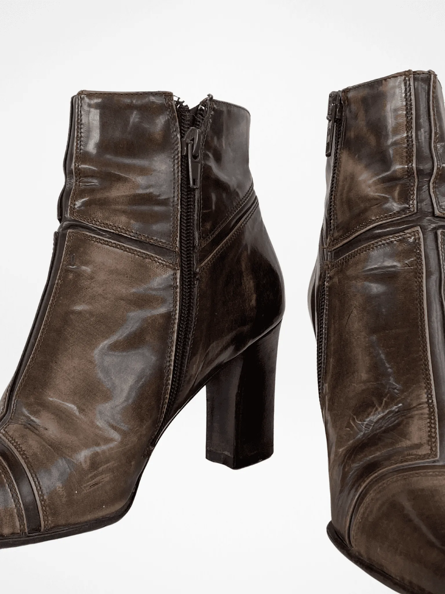 90s Mexx Bronze Leather Elongated Square Toe Ankle Boots - 39