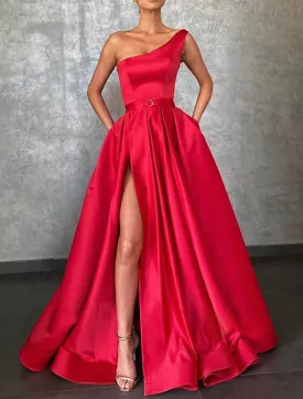 A-Line Evening Gown Celebrity Style Dress Red Green Dress Formal Wedding Sweep / Brush Train Sleeveless One Shoulder Belt / Sash Satin with Pleats Slit