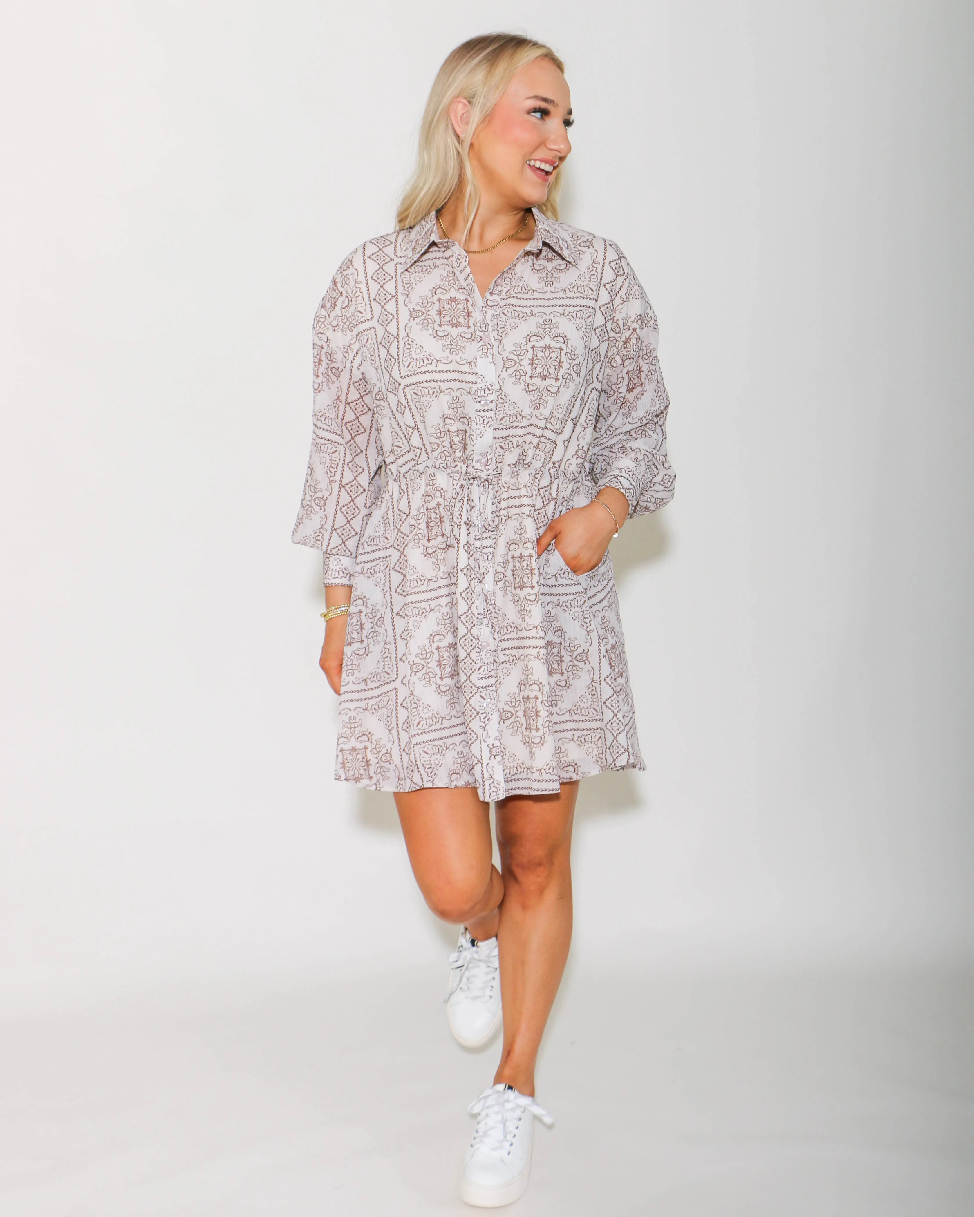 Abstract Print Long Sleeve Button Down Dress