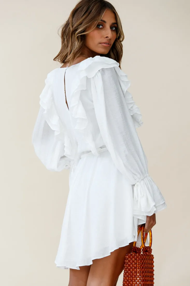 Adina Fluted Long Sleeve Frill Detail Dress White