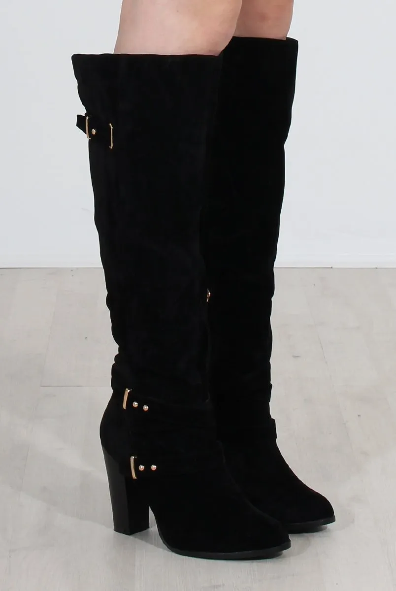 Ansel Black Suede Over The Knee Buckle Boots