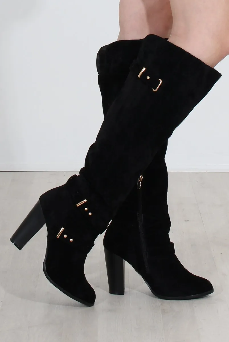 Ansel Black Suede Over The Knee Buckle Boots