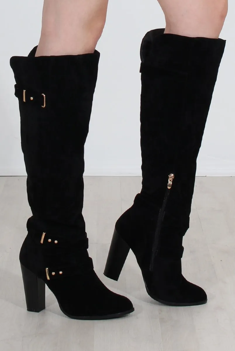 Ansel Black Suede Over The Knee Buckle Boots