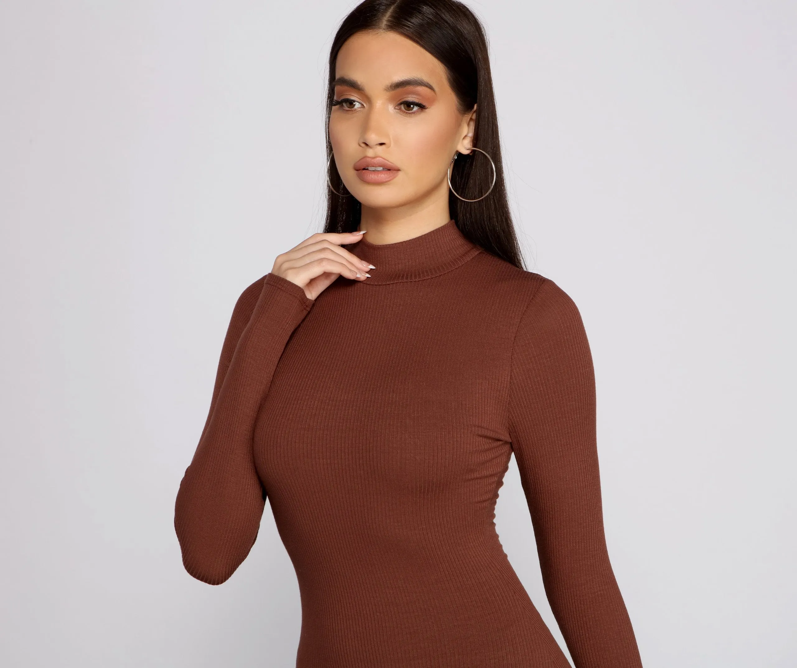 Basic Ribbed Knit Charming Long Sleeve Mini Dress