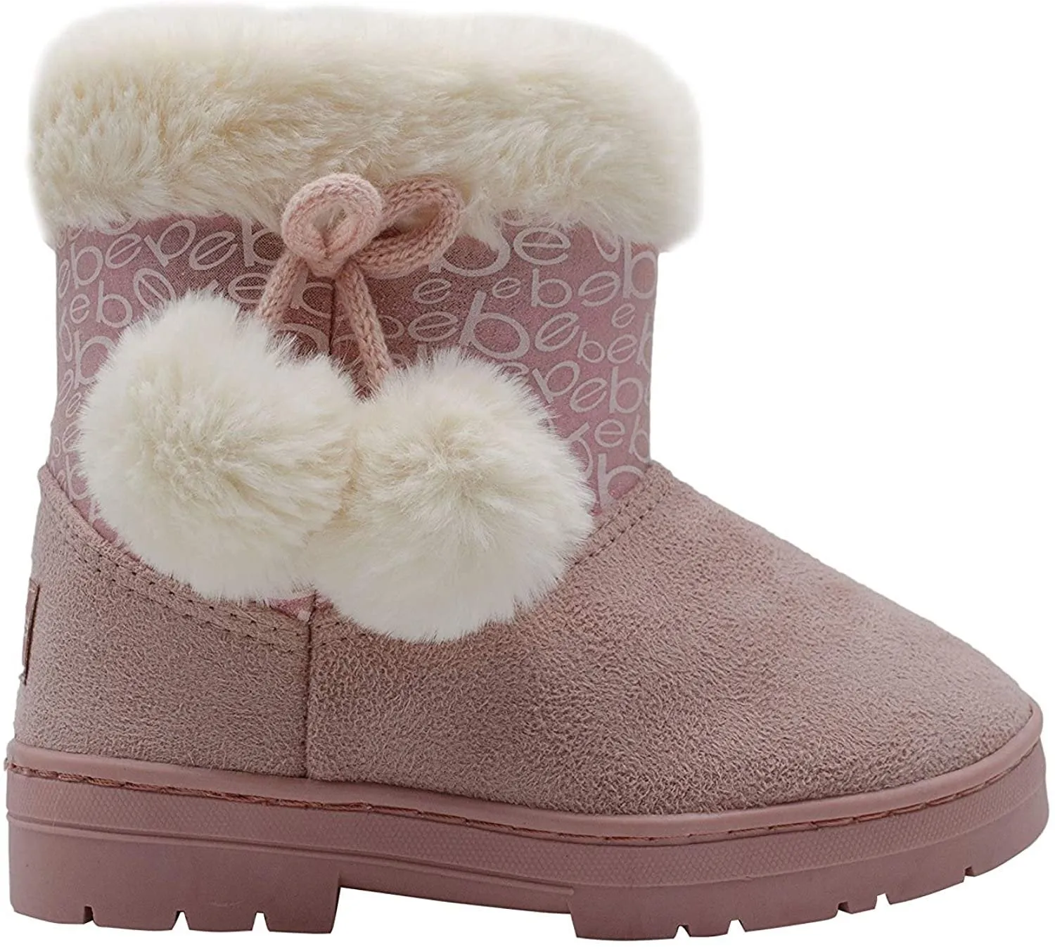 bebe Girlsâ€™ Big Kid Slip On Mid Calf Warm Microsuede Winter Boots with Printed Shaft, Faux Fur Cuff and Pom Poms