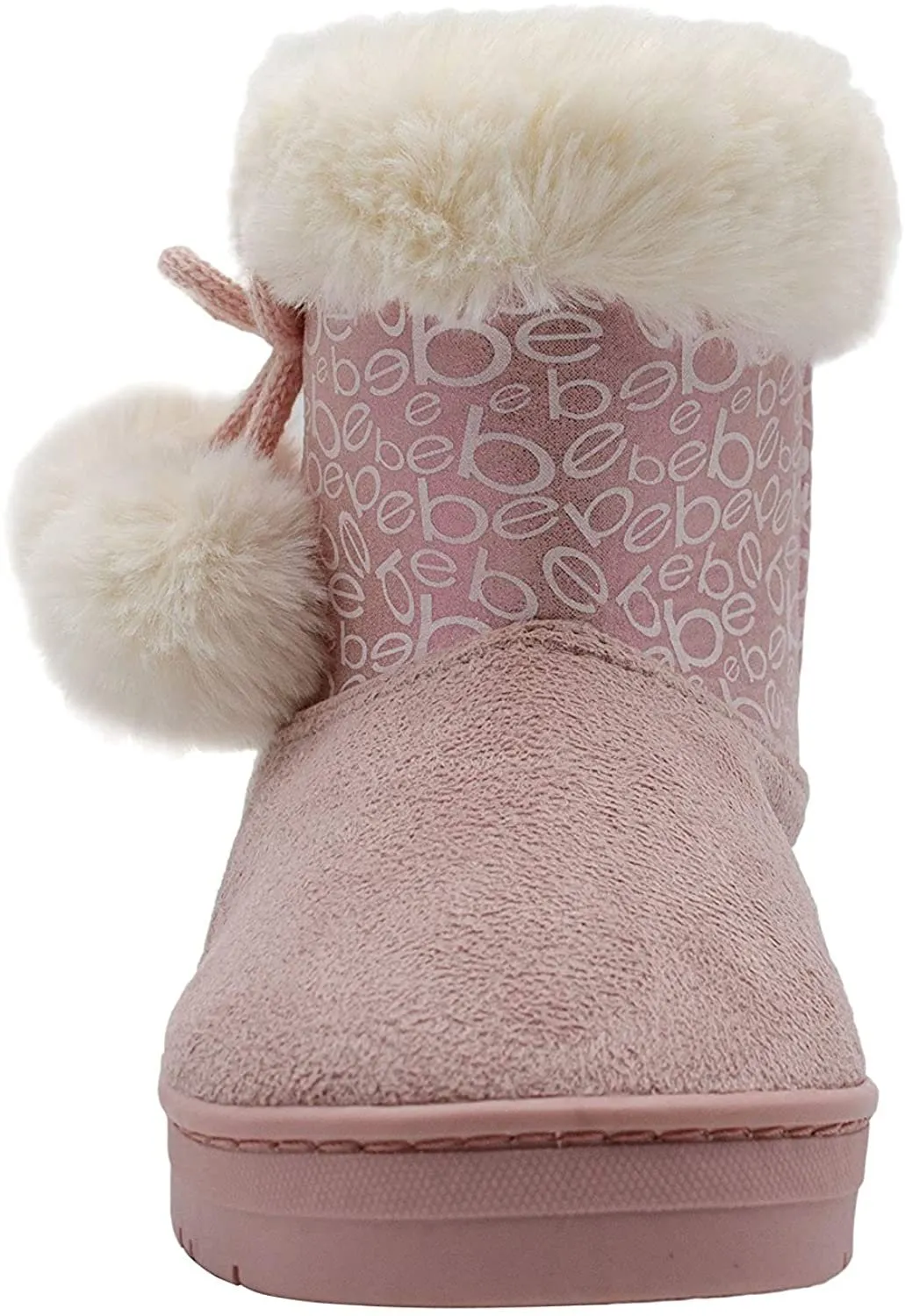 bebe Girlsâ€™ Big Kid Slip On Mid Calf Warm Microsuede Winter Boots with Printed Shaft, Faux Fur Cuff and Pom Poms