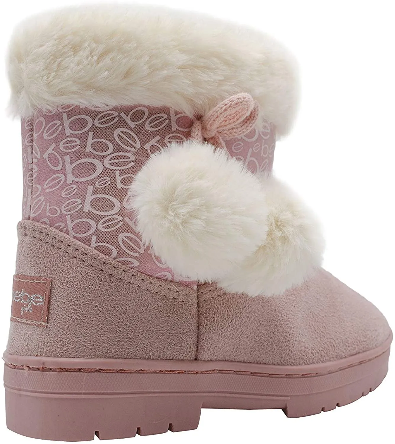 bebe Girlsâ€™ Big Kid Slip On Mid Calf Warm Microsuede Winter Boots with Printed Shaft, Faux Fur Cuff and Pom Poms