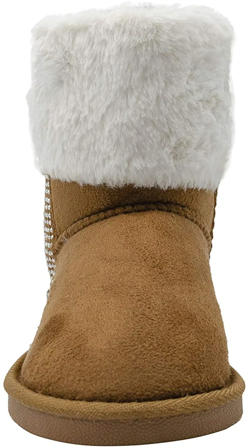 Bebe Girls’ Big Kid Slip On Mid Calf Warm Microsuede Winter Boots with Rhinestone Trim and Faux Fur Cuff