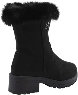 bebe Girls’ Big Kid Slip On Tall Microsuede Winter Boots with Rhinestone Logo Embellishment and Faux Fur Trims