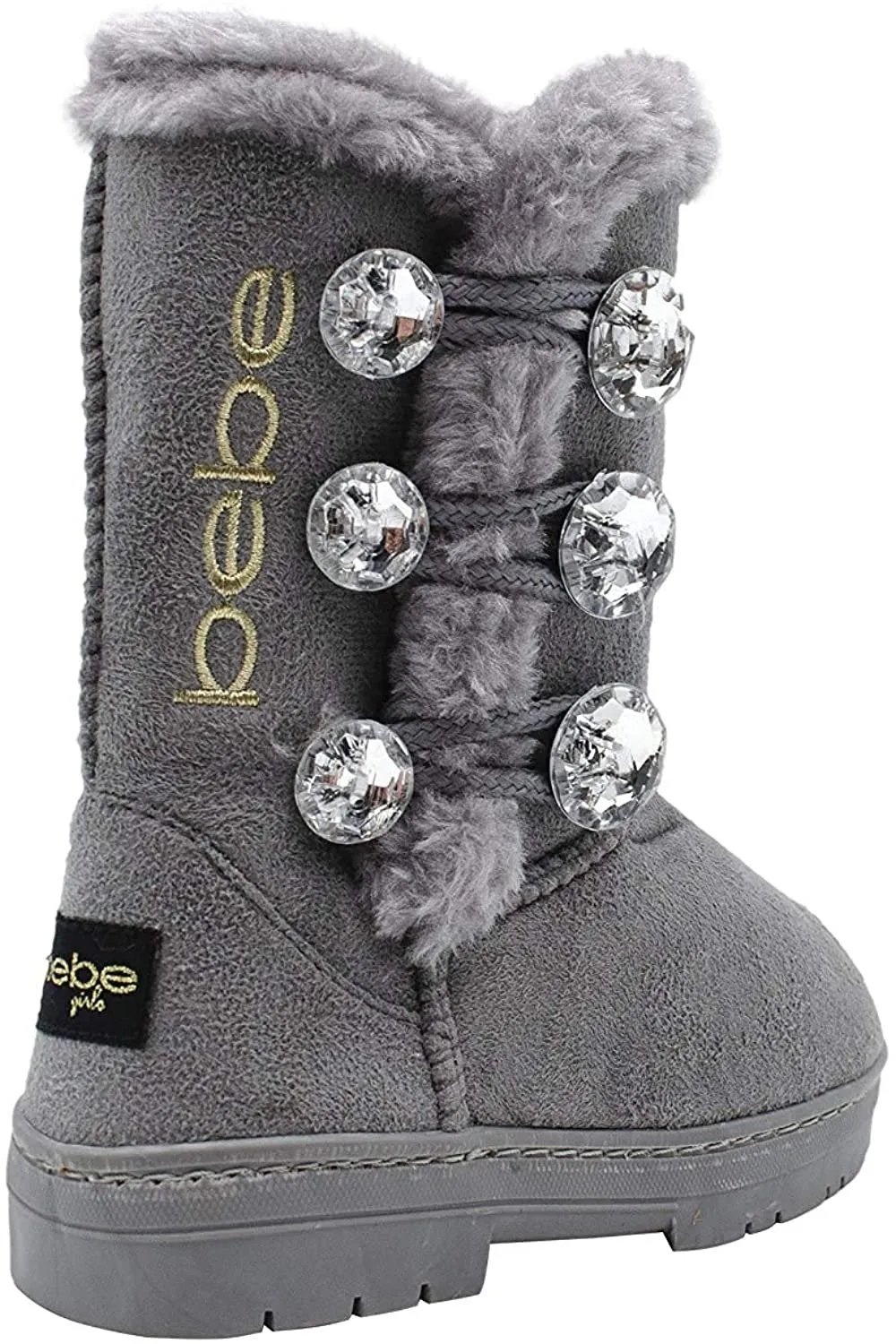 Bebe Girls’ Big Kid Slip On Warm Suede Winter Boots with Rhinestone Buttons and Fur Trim