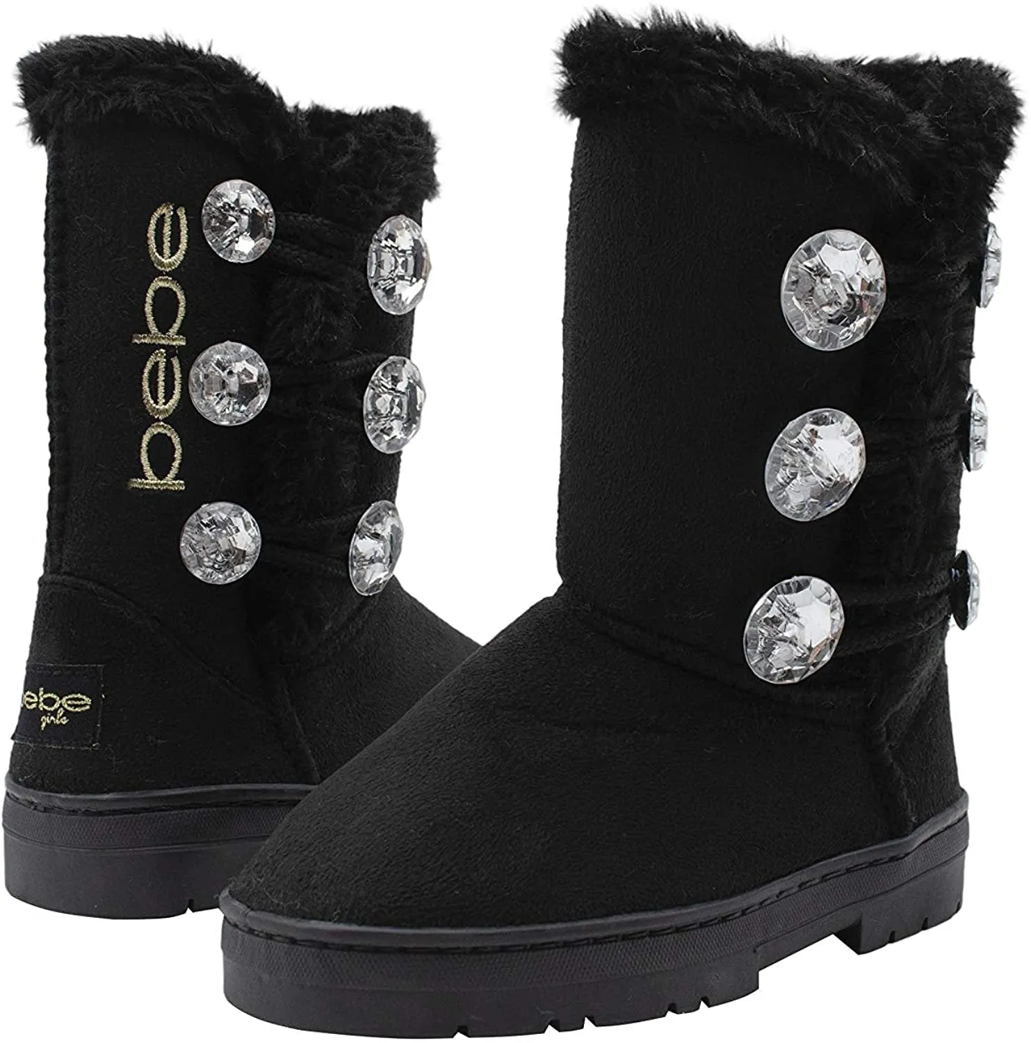 Bebe Girls’ Big Kid Slip On Warm Suede Winter Boots with Rhinestone Buttons and Fur Trim