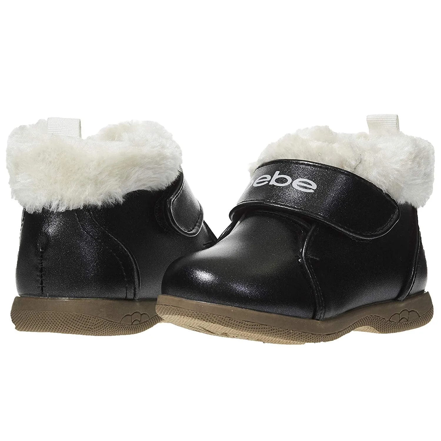 bebe Toddler Girls Ankle Boots Straps Fur Cuffs Slip-On Fashion PU Shoes