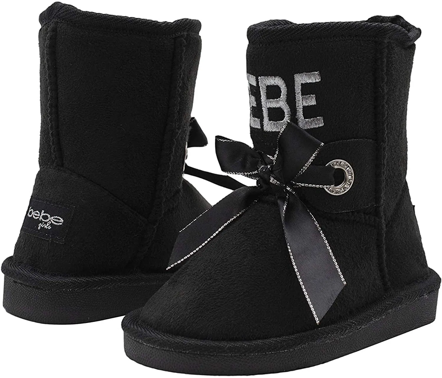 bebe Toddler Girls’ Little Kid Slip On Mid Calf Warm Winter Boots with Satin Bow, Rhinestone Grommets and Logo Embroidery