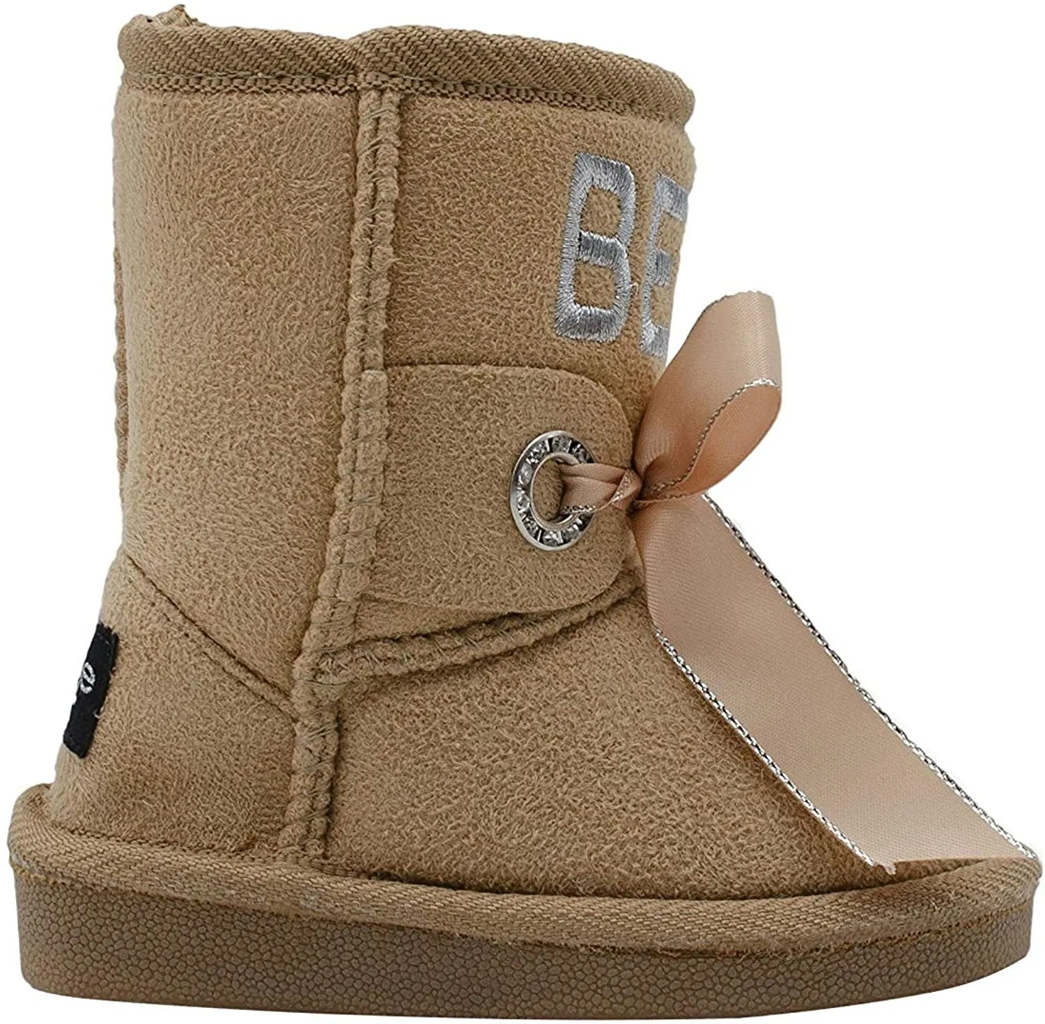 bebe Toddler Girls’ Little Kid Slip On Mid Calf Warm Winter Boots with Satin Bow, Rhinestone Grommets and Logo Embroidery