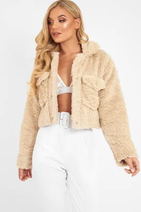 Beige Cropped Borg Popper Button Coat - Ezmerelda