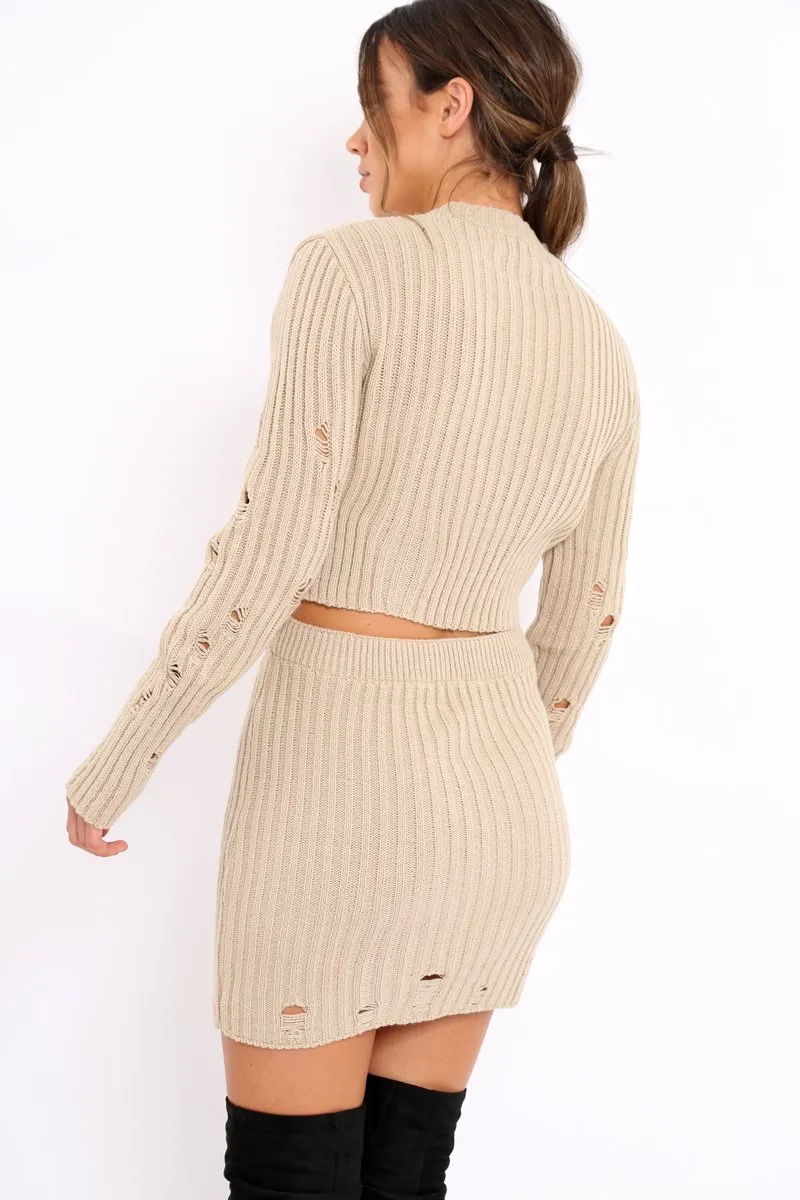 Beige Distressed Cable Knit Co-ord - Dayla