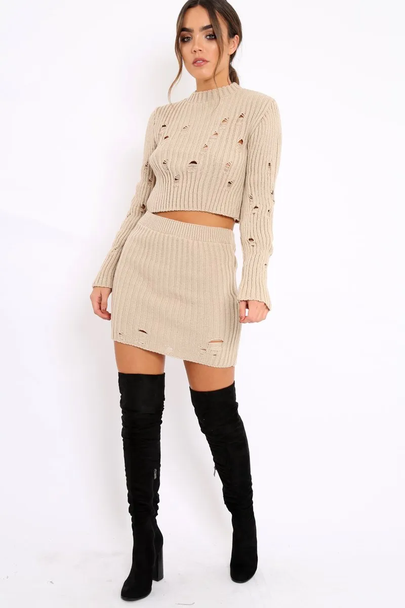 Beige Distressed Cable Knit Co-ord - Dayla