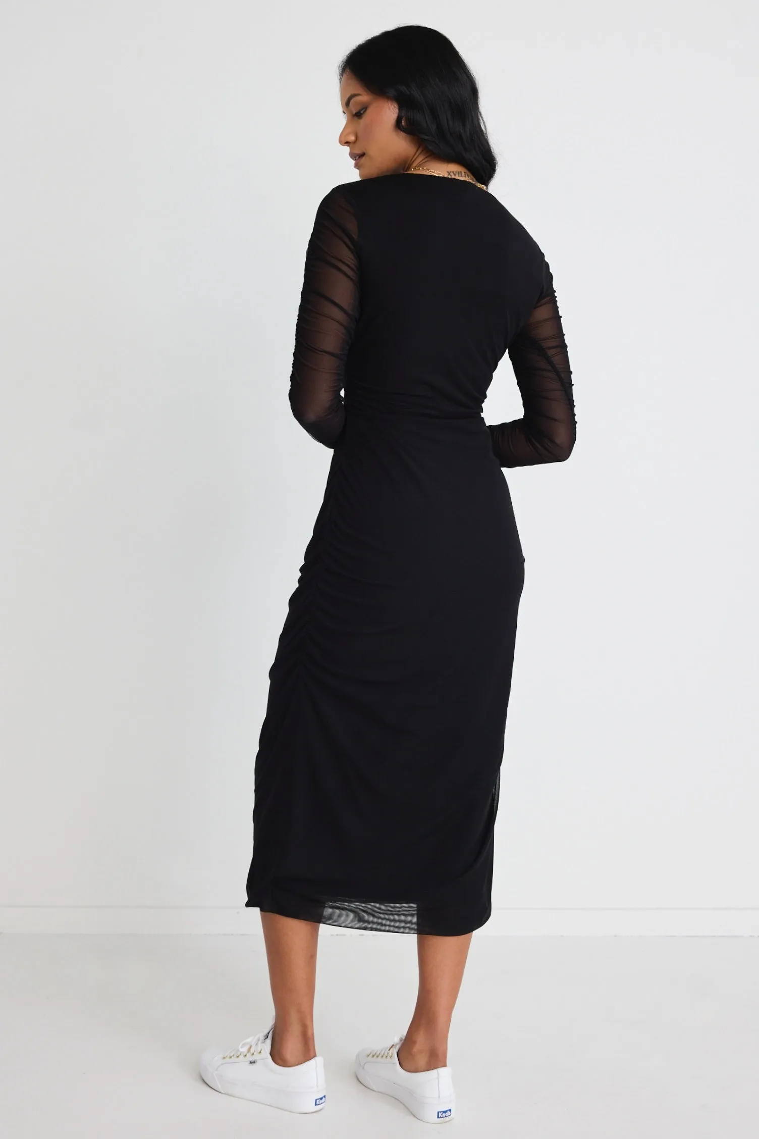 Between Black Mesh LS Slash Neck Maxi Dress