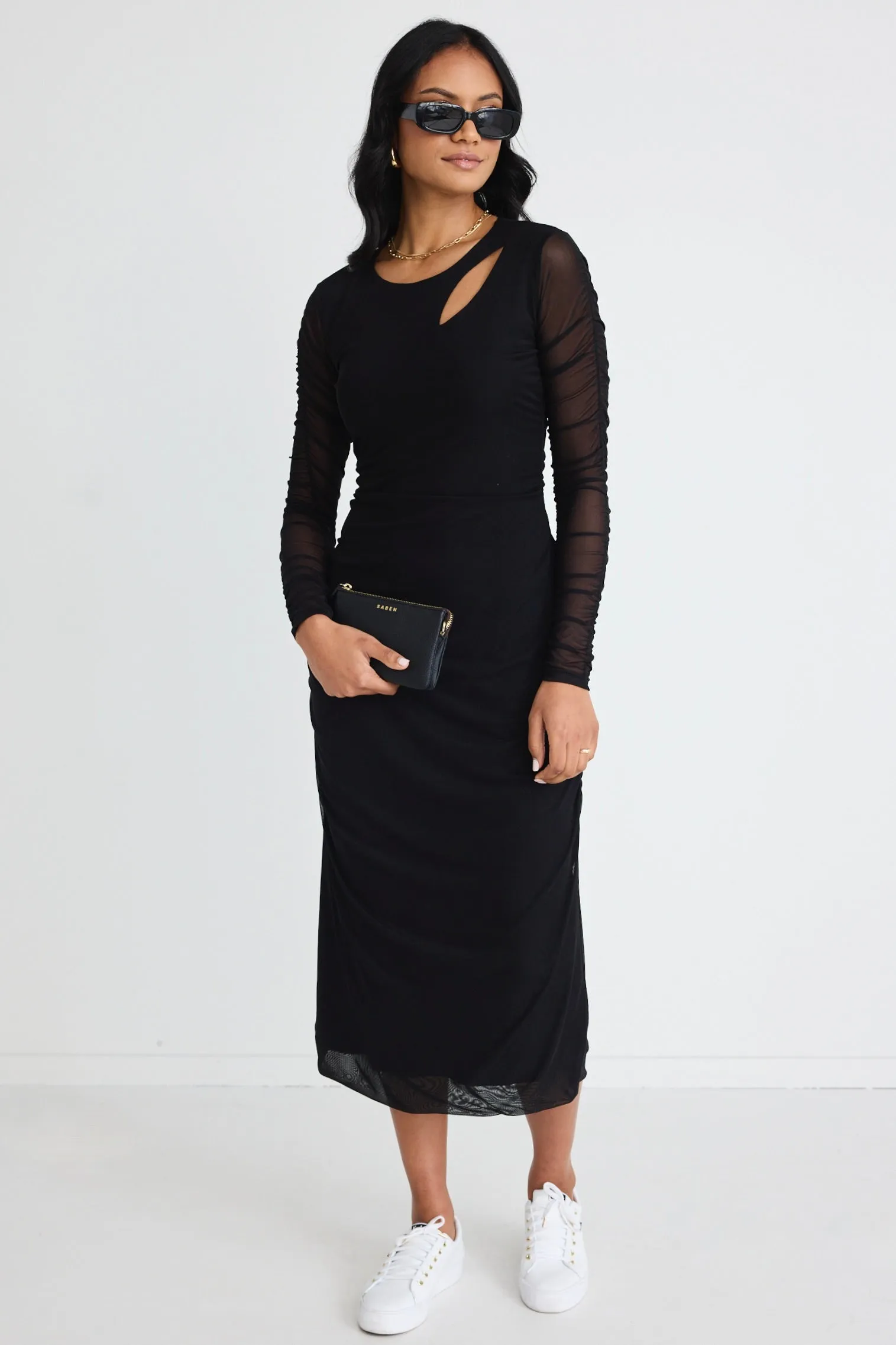 Between Black Mesh LS Slash Neck Maxi Dress