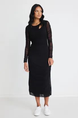 Between Black Mesh LS Slash Neck Maxi Dress