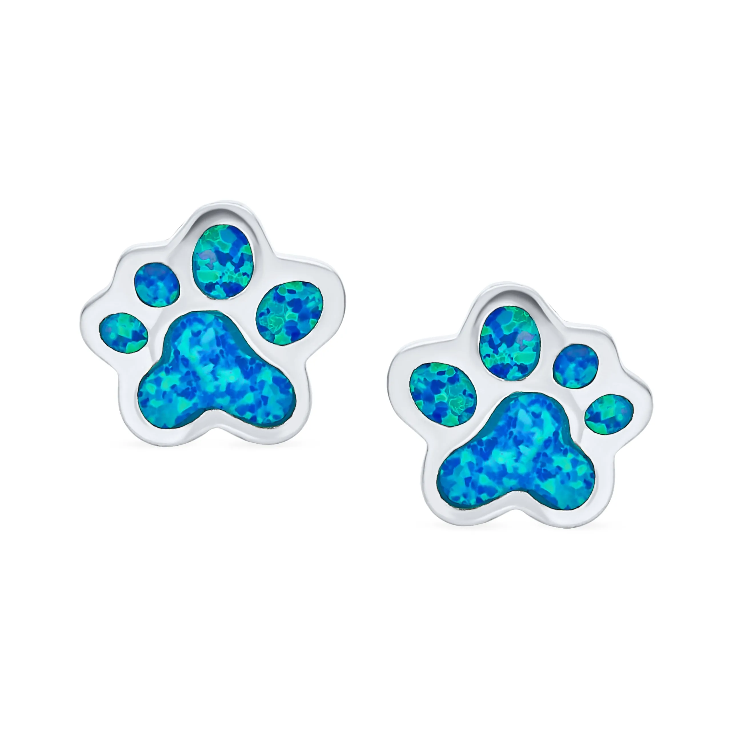 BFF Lover Pet Dog Cat Paw Print Opal Stud Earrings Sterling Silver