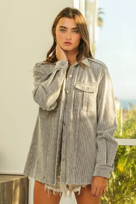 BiBi Button Up Corduroy Shacket in Gray