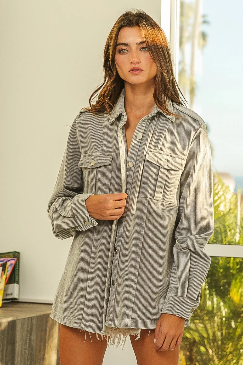 BiBi Button Up Corduroy Shacket in Gray