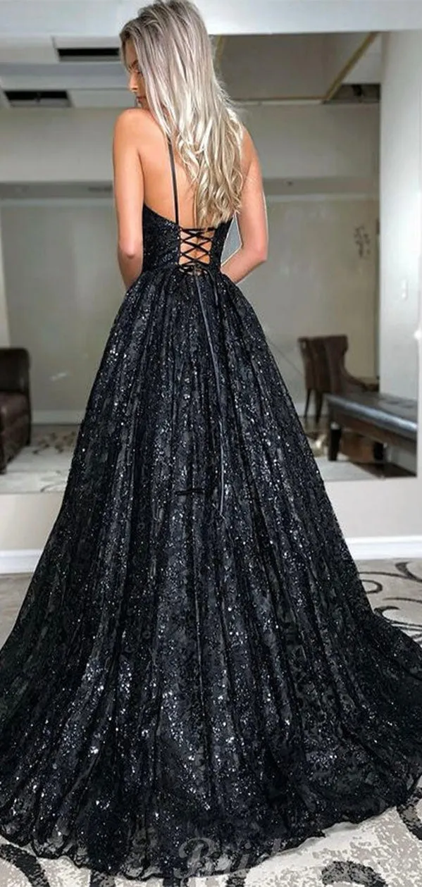 Black A-line Elegant Formal Black Girls Slay Evening Long Prom Dresses, Ball Gown PD520