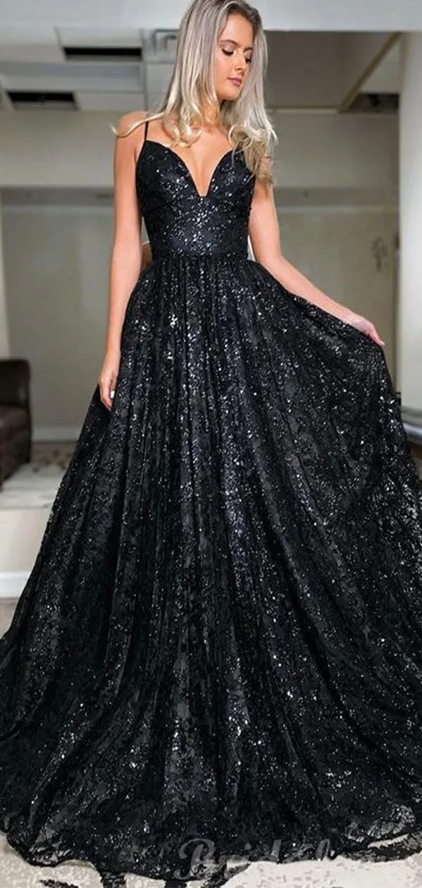 Black A-line Elegant Formal Black Girls Slay Evening Long Prom Dresses, Ball Gown PD520