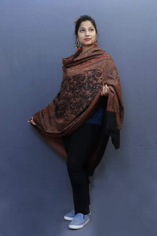 Black Colour Jamawar Shawl With Highly Defined Borders And All Over Motifs Look Elegant.