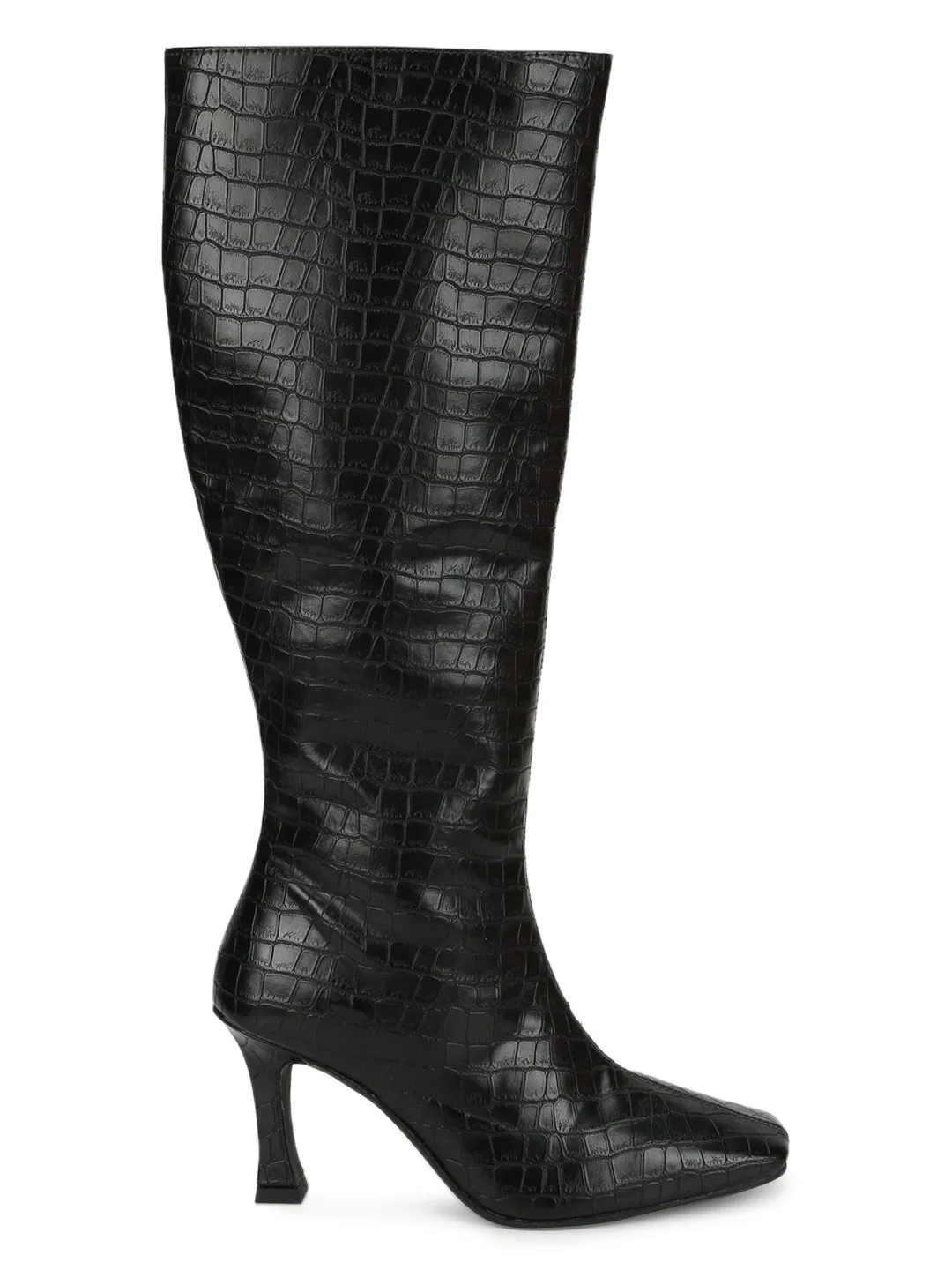 Black Croc PU Pointed Knee High Boots