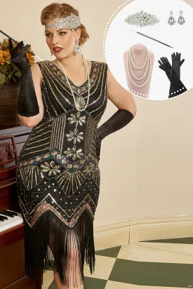 Black Golden Sequins Plus Size 1920s Gatsby Dress with 20s Acessories Set