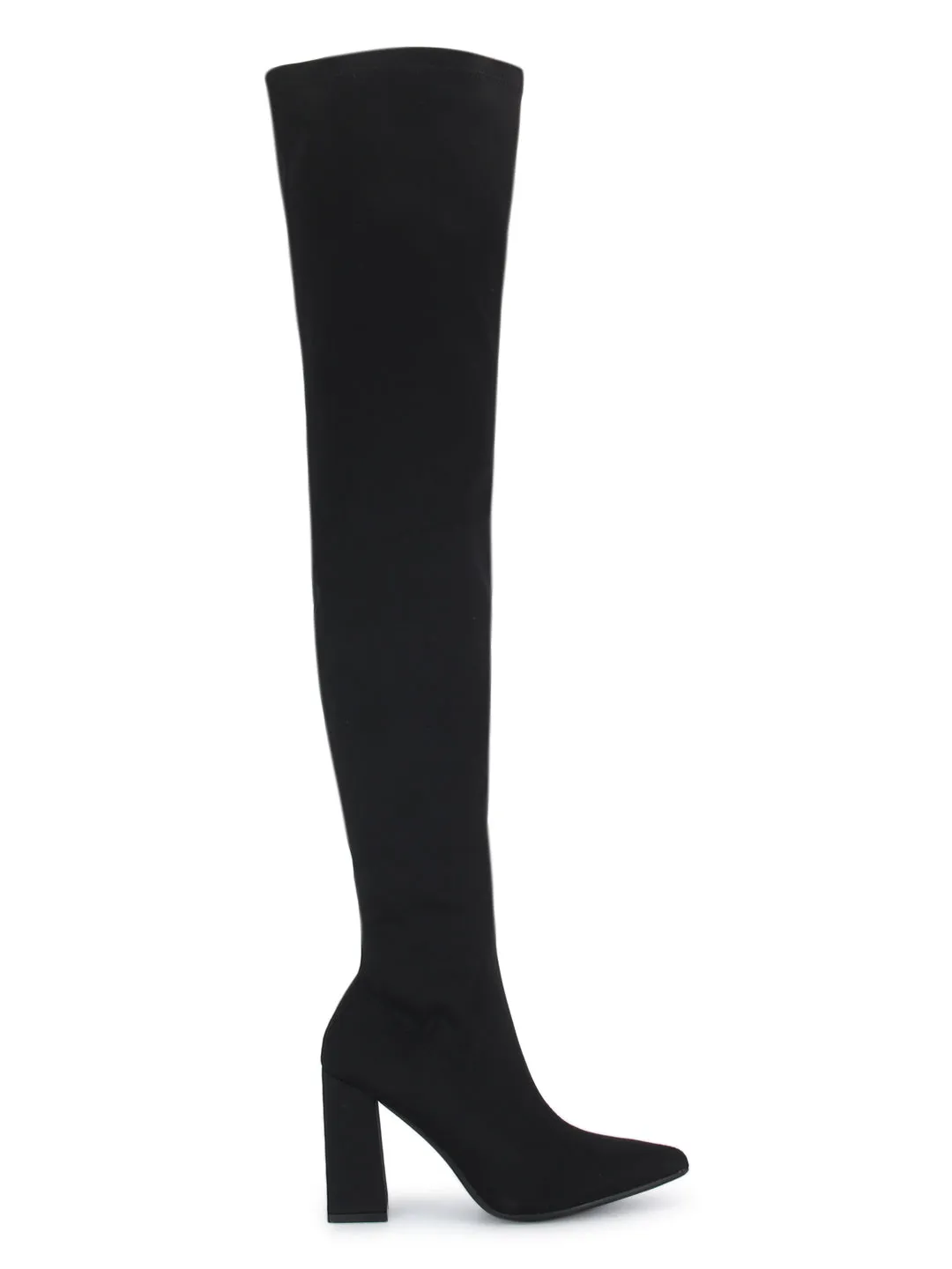 Black Lycra Pointed Toe Block Heel Long Boots