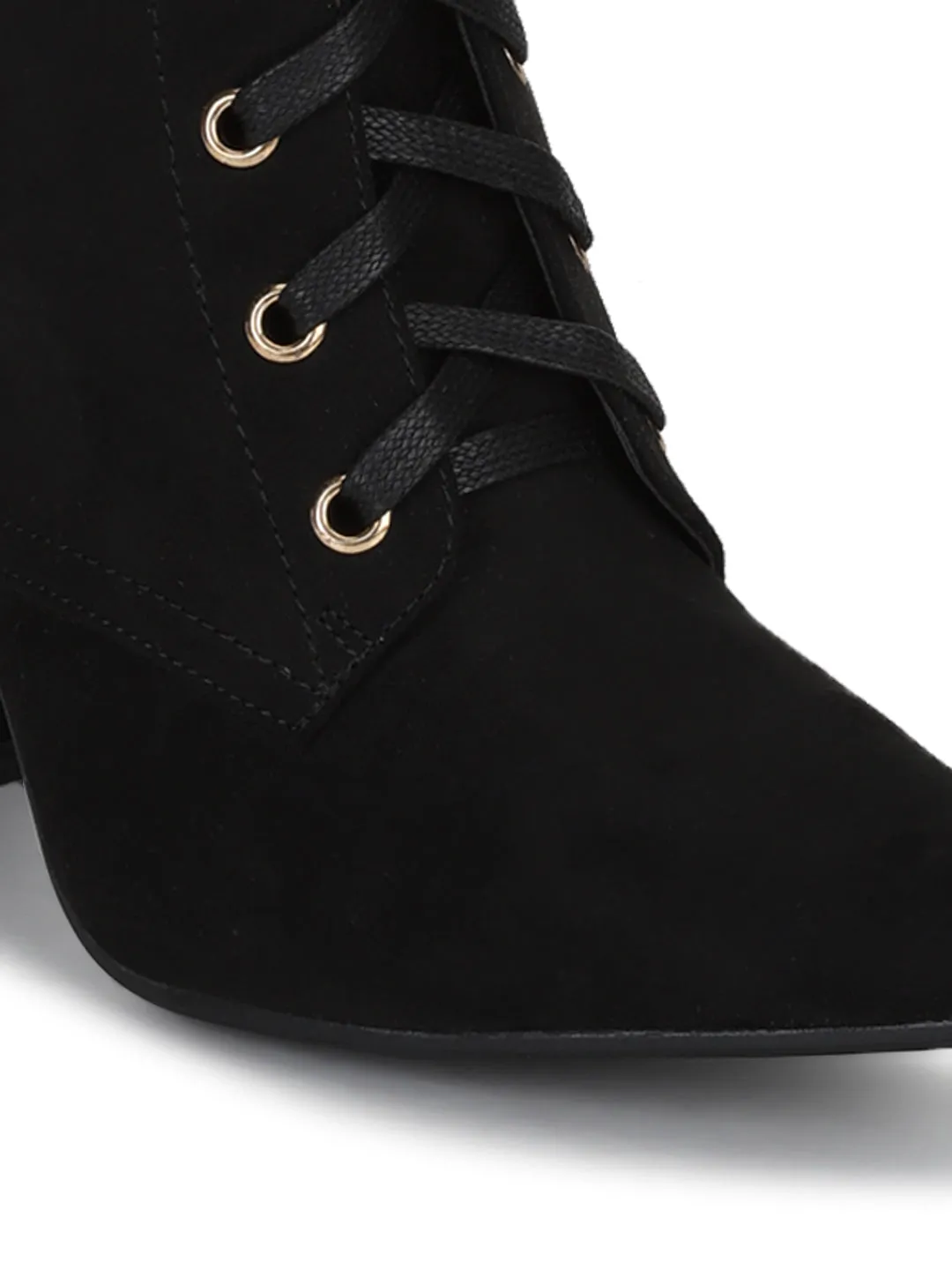 Black Micro Pointed Toe Lace-Up Block Heel Ankle Boots