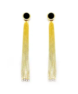 BLACK ROUND STUD FRINGE EARRINGS