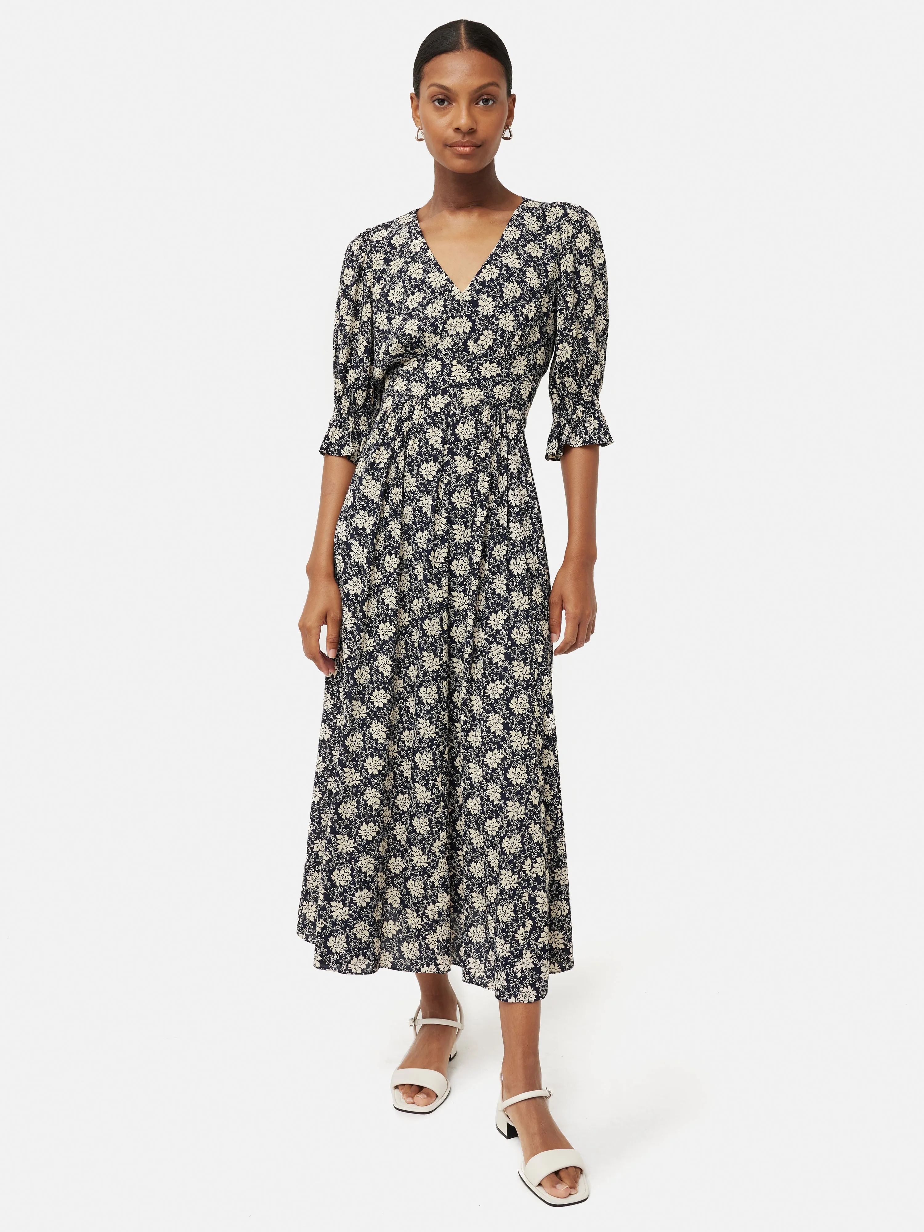 Block Leaf Printed Midi Dress | Black