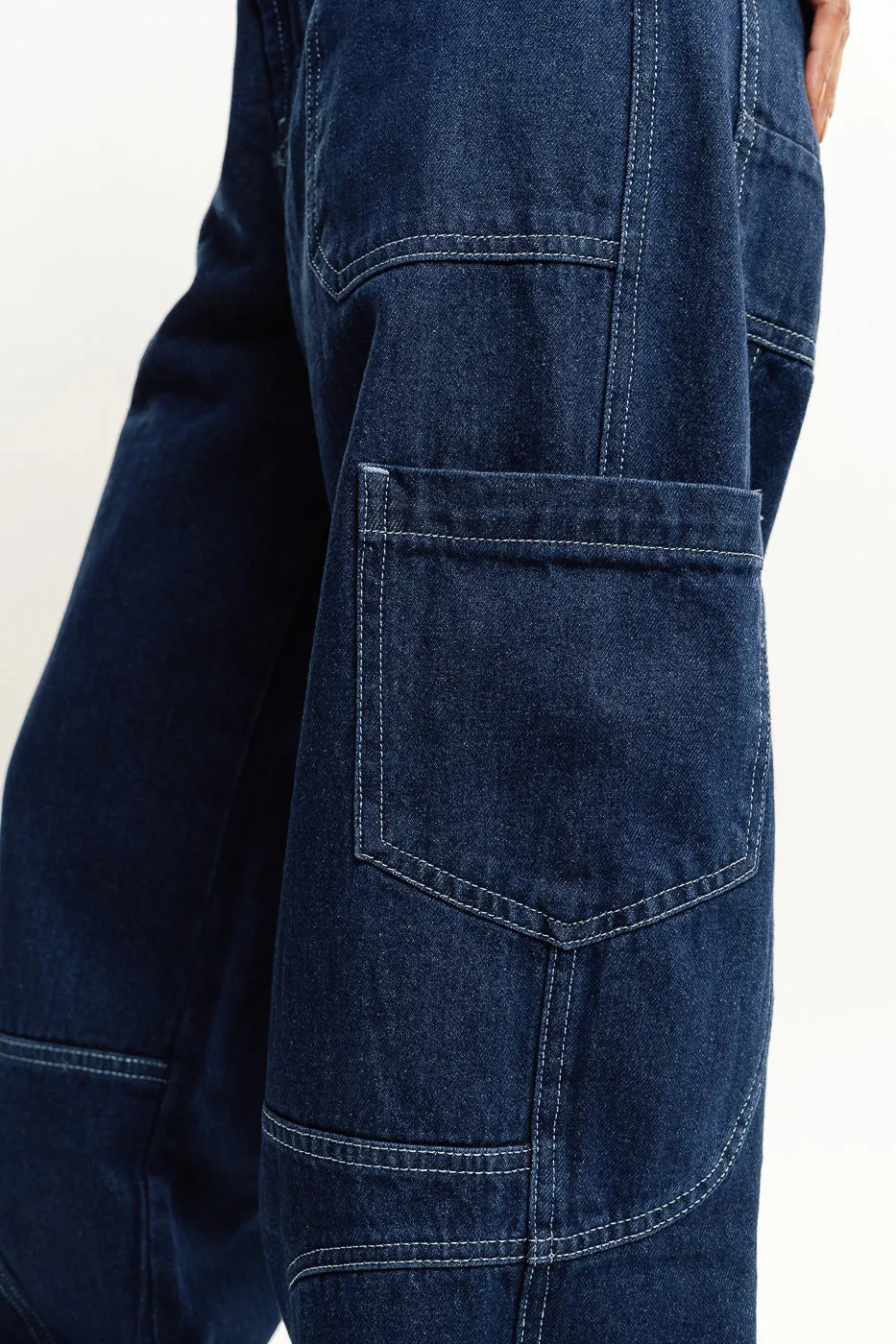 Blue Contrast Seam Cargo Jeans