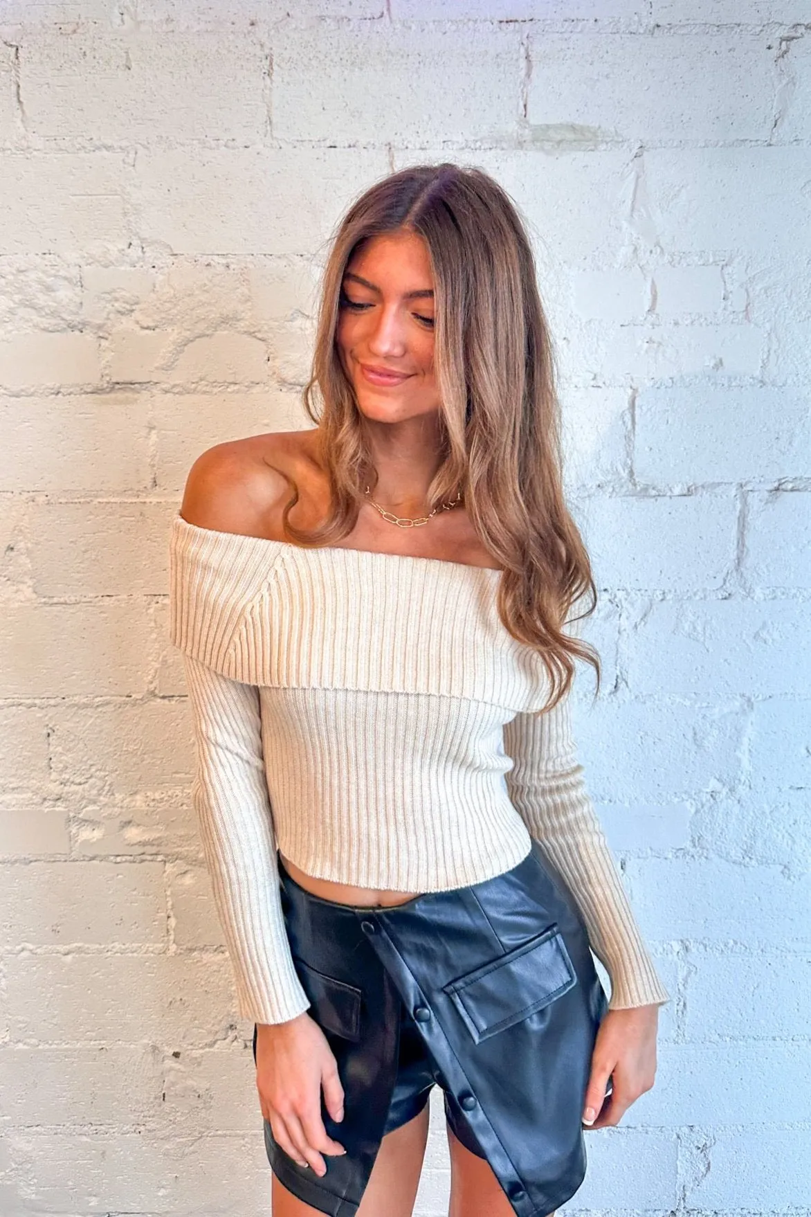 Cameron Off The Shoulder Bar Back Ribbed Sweater