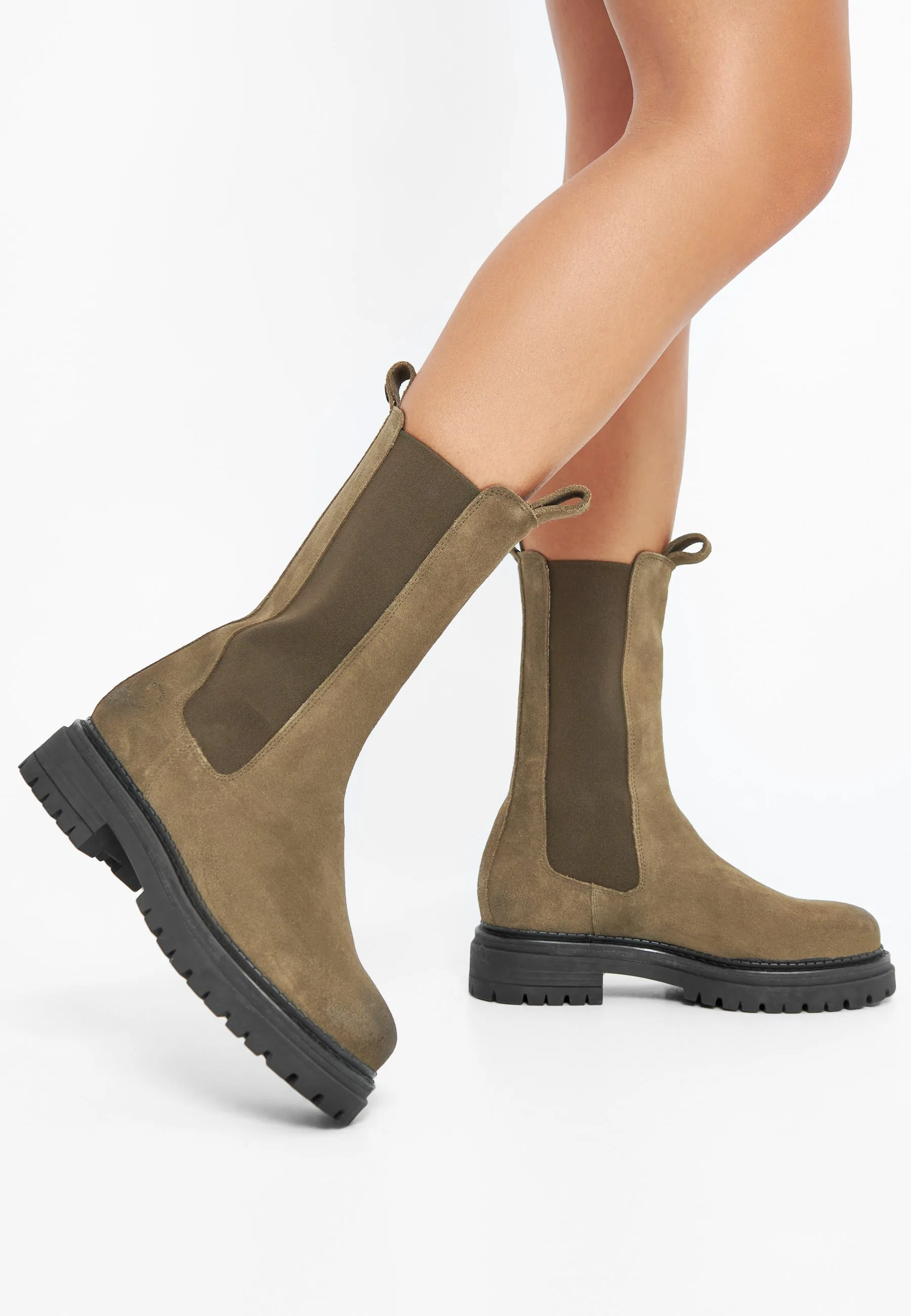 Cashannah Olive Suede High Chelsea Boots