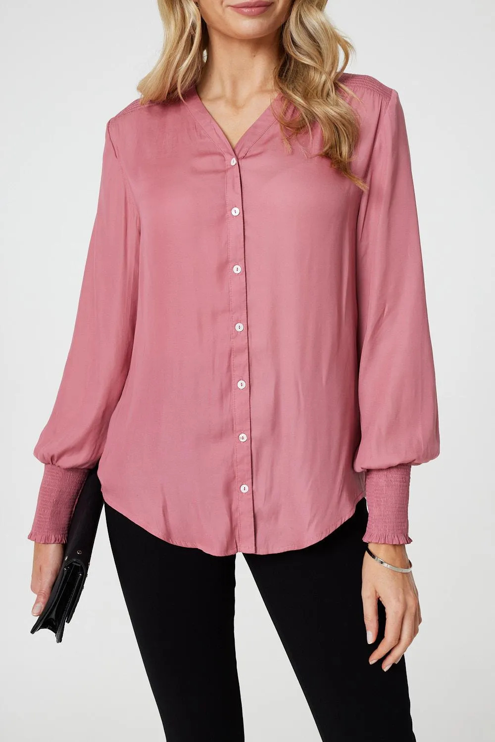 Collarless Button Up Long Sleeve Shirt