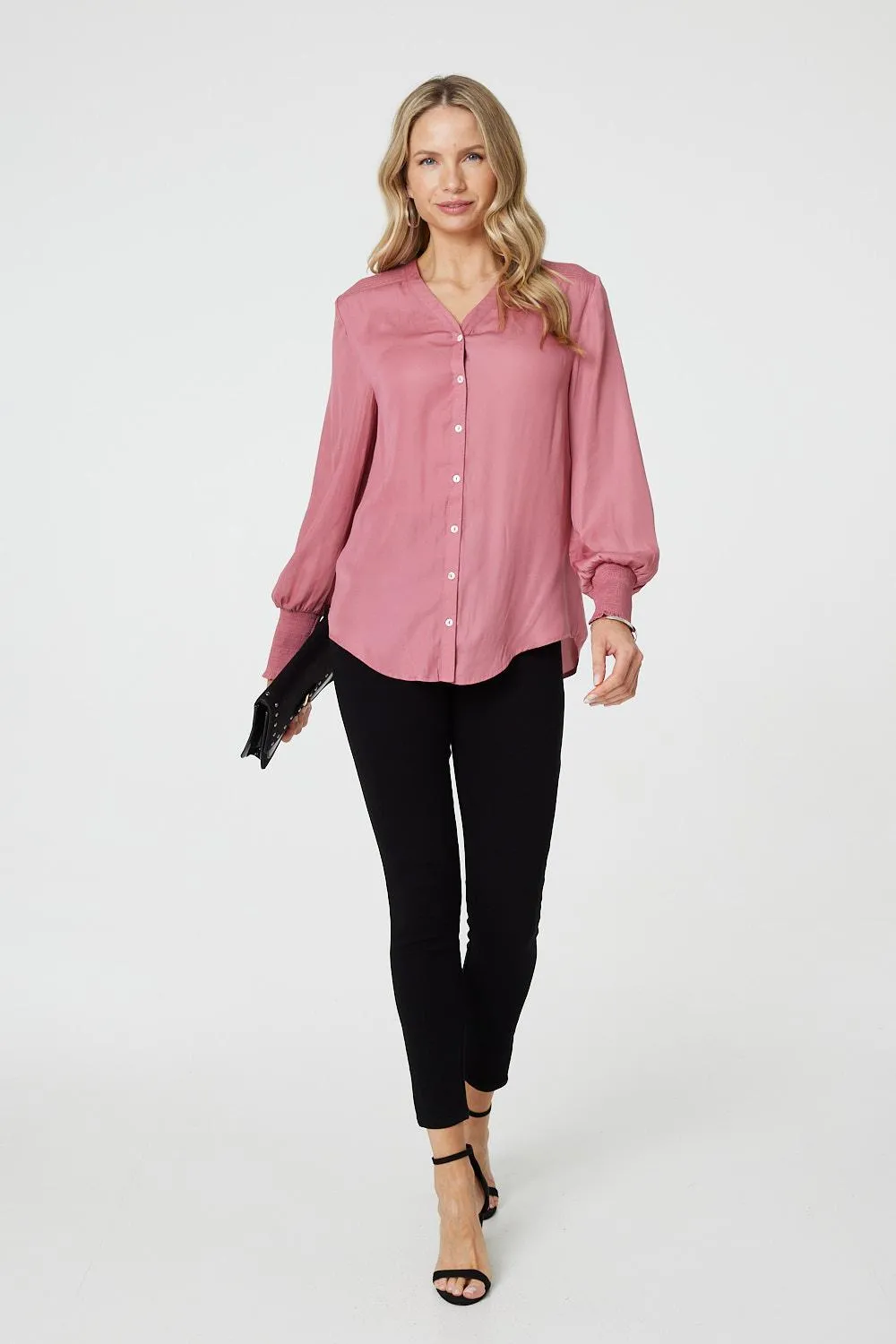 Collarless Button Up Long Sleeve Shirt