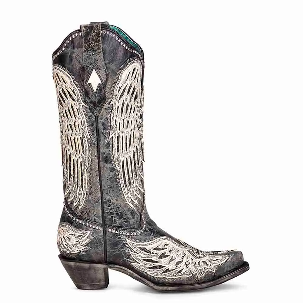 Corral Black and White Glittered Cross and Wings Boots