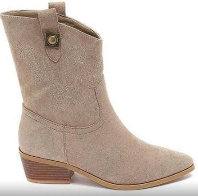 Cuban Heel Western Ankle Boots in Beige