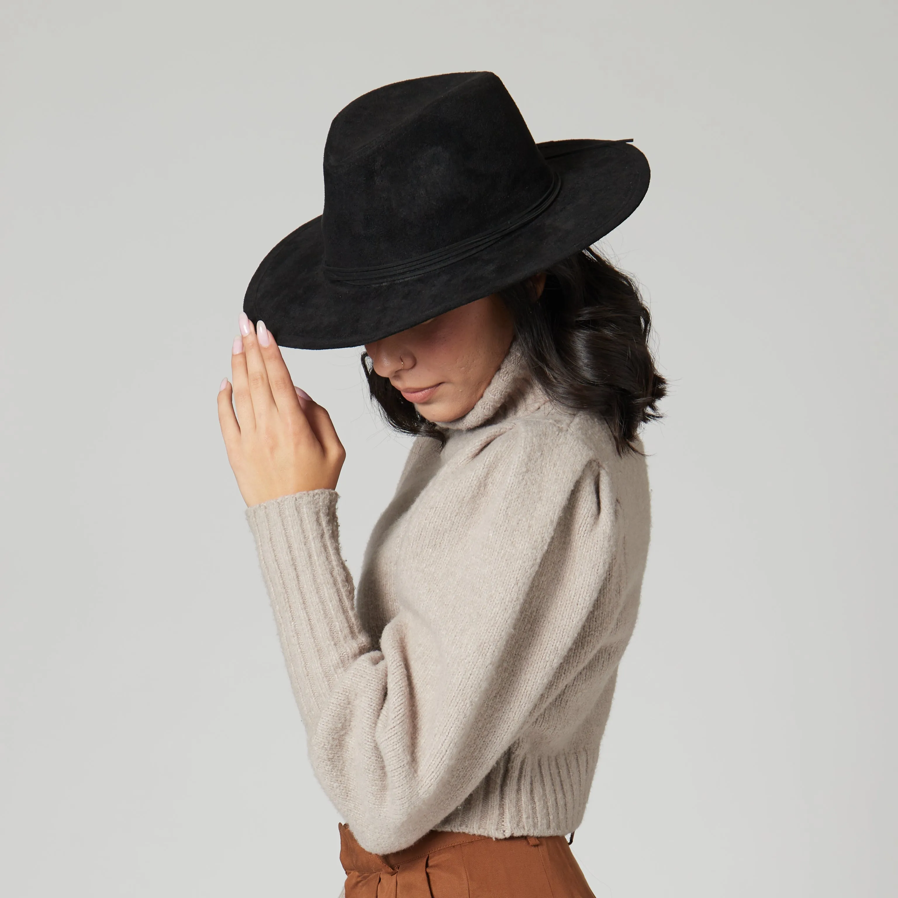 Cut & Sew Faux Suede Floppy Fedora Wrapped Back Knot Trim