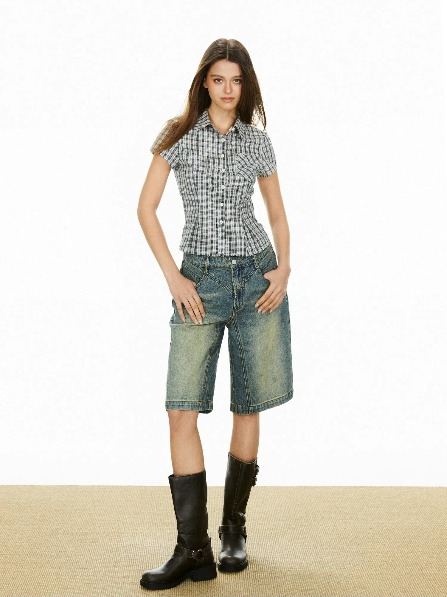 Denim Bermuda Shorts with Contrast Stitching