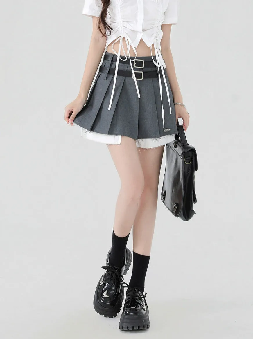 Double Belt Pleated Mini Skirt