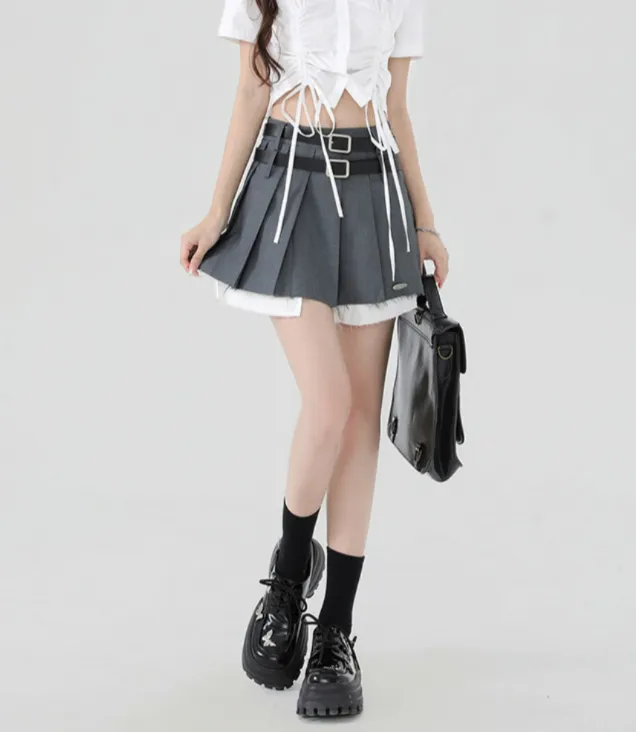 Double Belt Pleated Mini Skirt