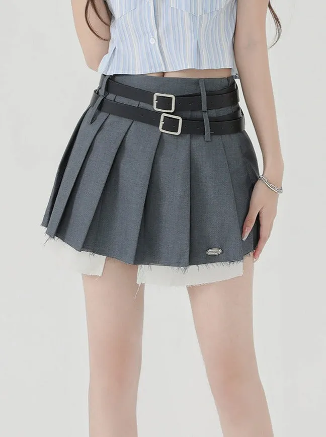 Double Belt Pleated Mini Skirt